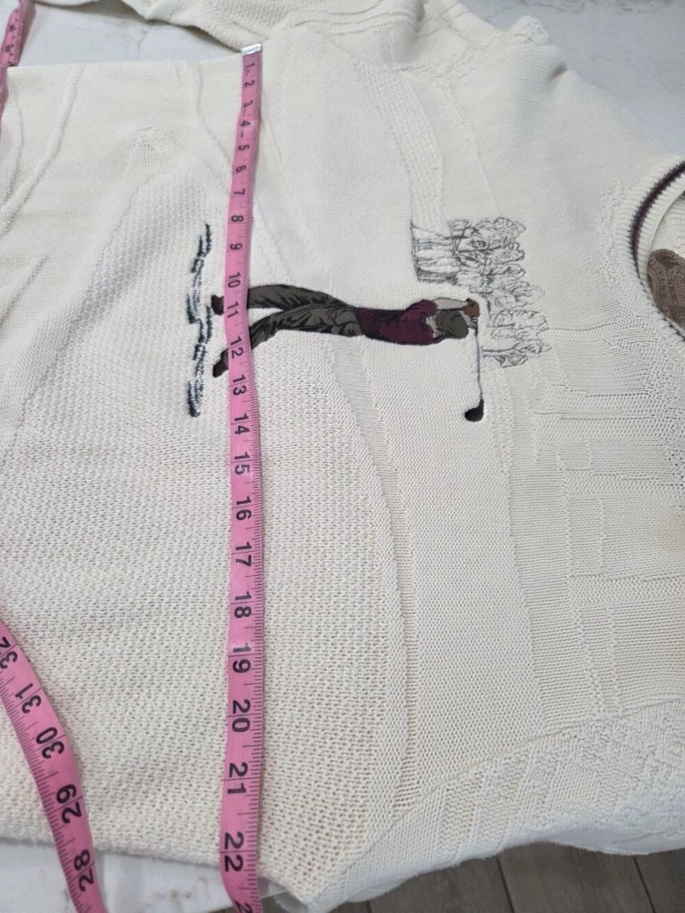 VTG Shenandoah Golf Sweater Mens Sz M Ivory Textured 3D Knit Embroidered 90s - Picture 10 of 11